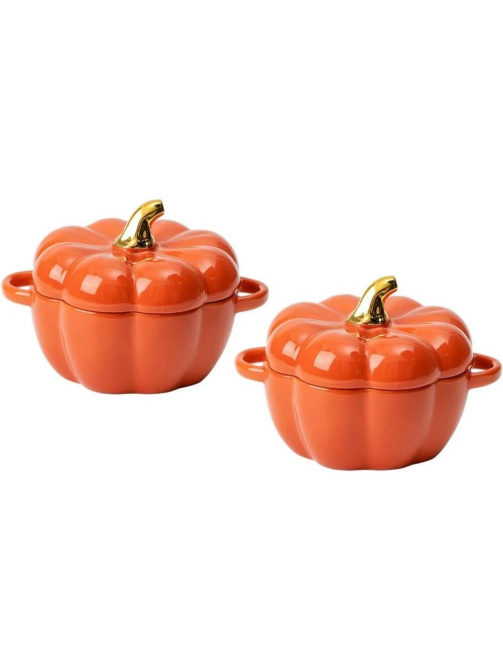 Set of 2 Pumpkin Ceramic Ramekins with Lid & Handle - Oven Safe Casserole Dish